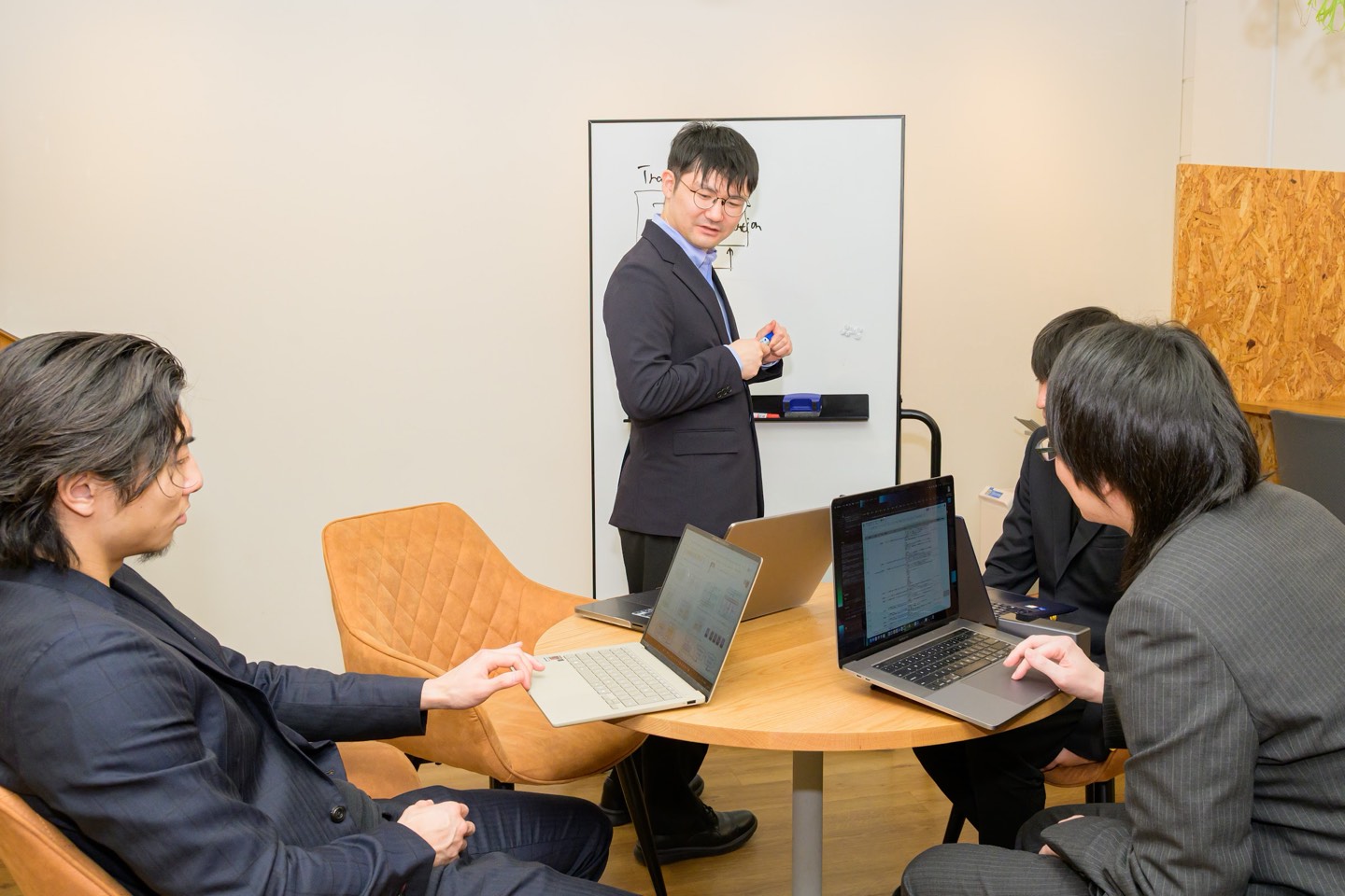 ホワイトボードの前で話し合うメンバー