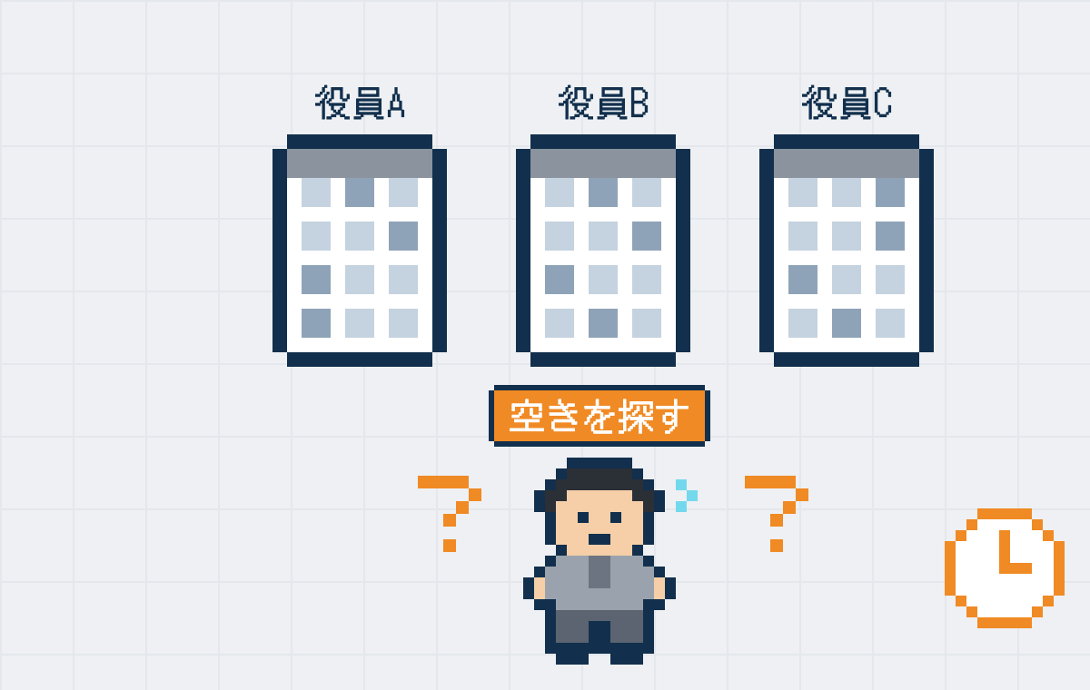 役員3人の予定表を前に空きを探す担当者のドット絵