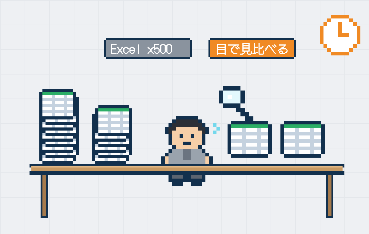 Excel の山を虫めがねで見比べる担当者のドット絵