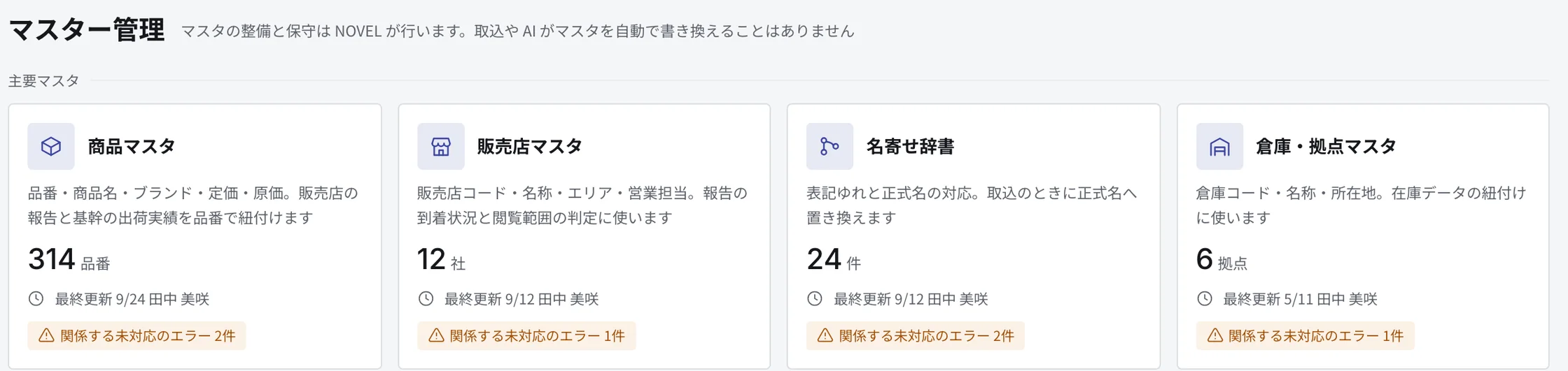 マスター管理の画面。商品マスタ・販売店マスタ・名寄せ辞書・倉庫拠点マスタの件数と最終更新