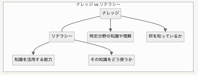 知識と情報、暗黙知と形式知、ナレッジとリテラシーの違いを示すフローチャート。各概念の主要な特徴が簡潔に説明されている。