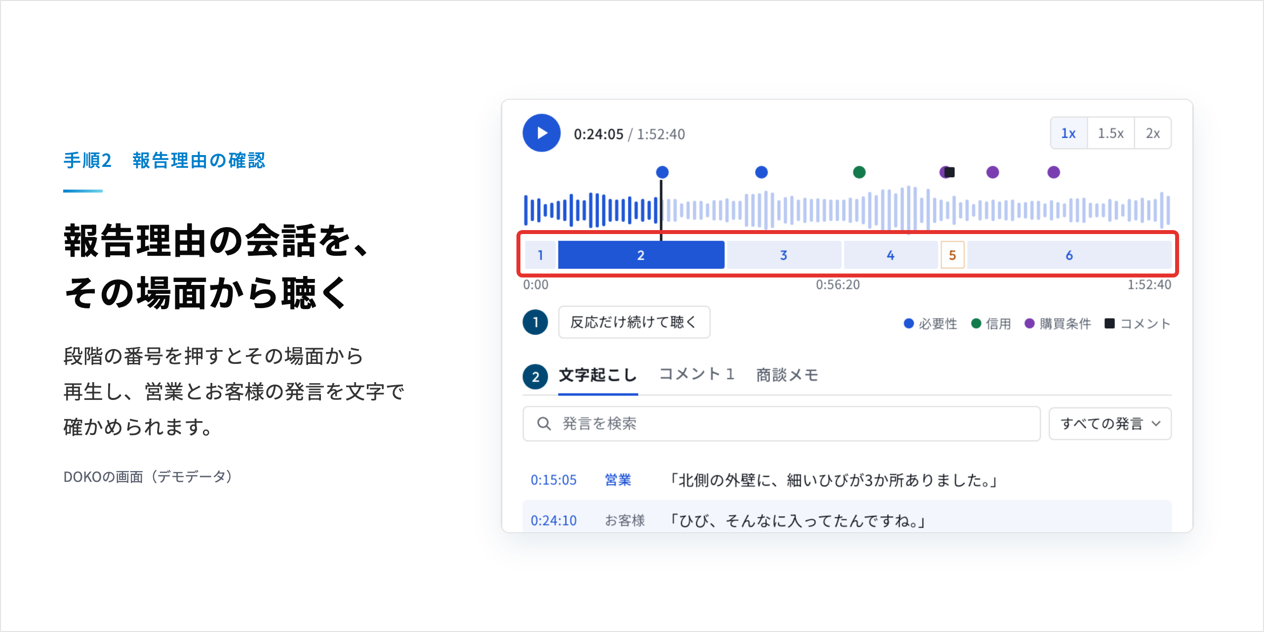 手順2:段階の番号を押してその場面から再生し、営業とお客様の発言を文字で確かめる